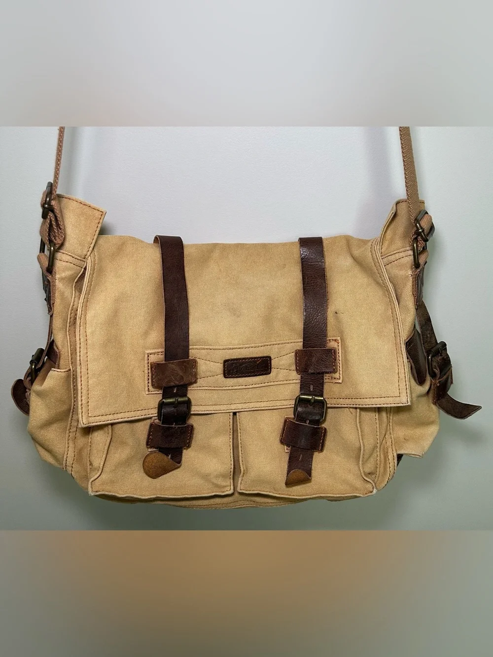Canvas & Leather Messenger Bag Khaki Brown Crossbody Tab Brown Pockets Zip